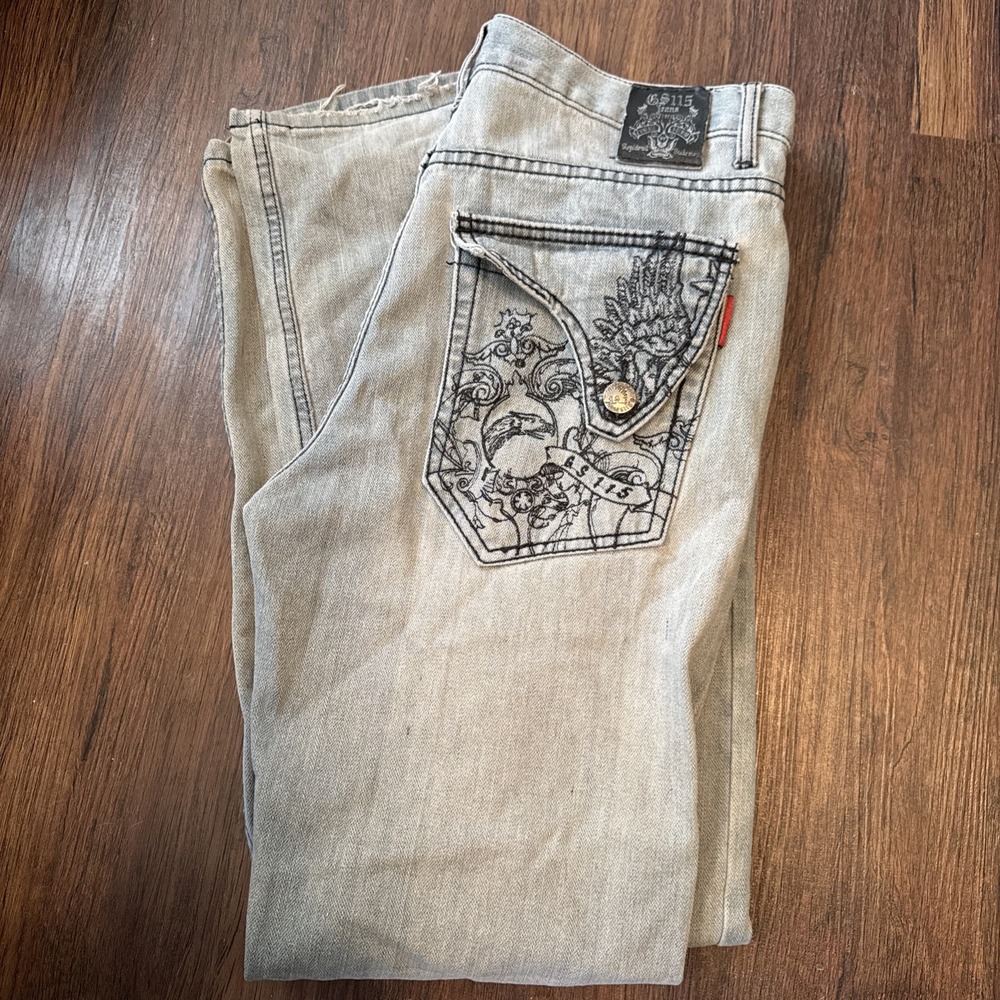 GS115 Mens Embroidered Graphic Straight Leg Jeans Light Wash Y2K Size 34